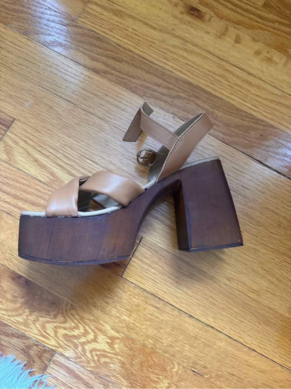 NWOT Sam Edelman Womens Tan Platform Sandals with Block Wood Heel - Picture 3 of 5